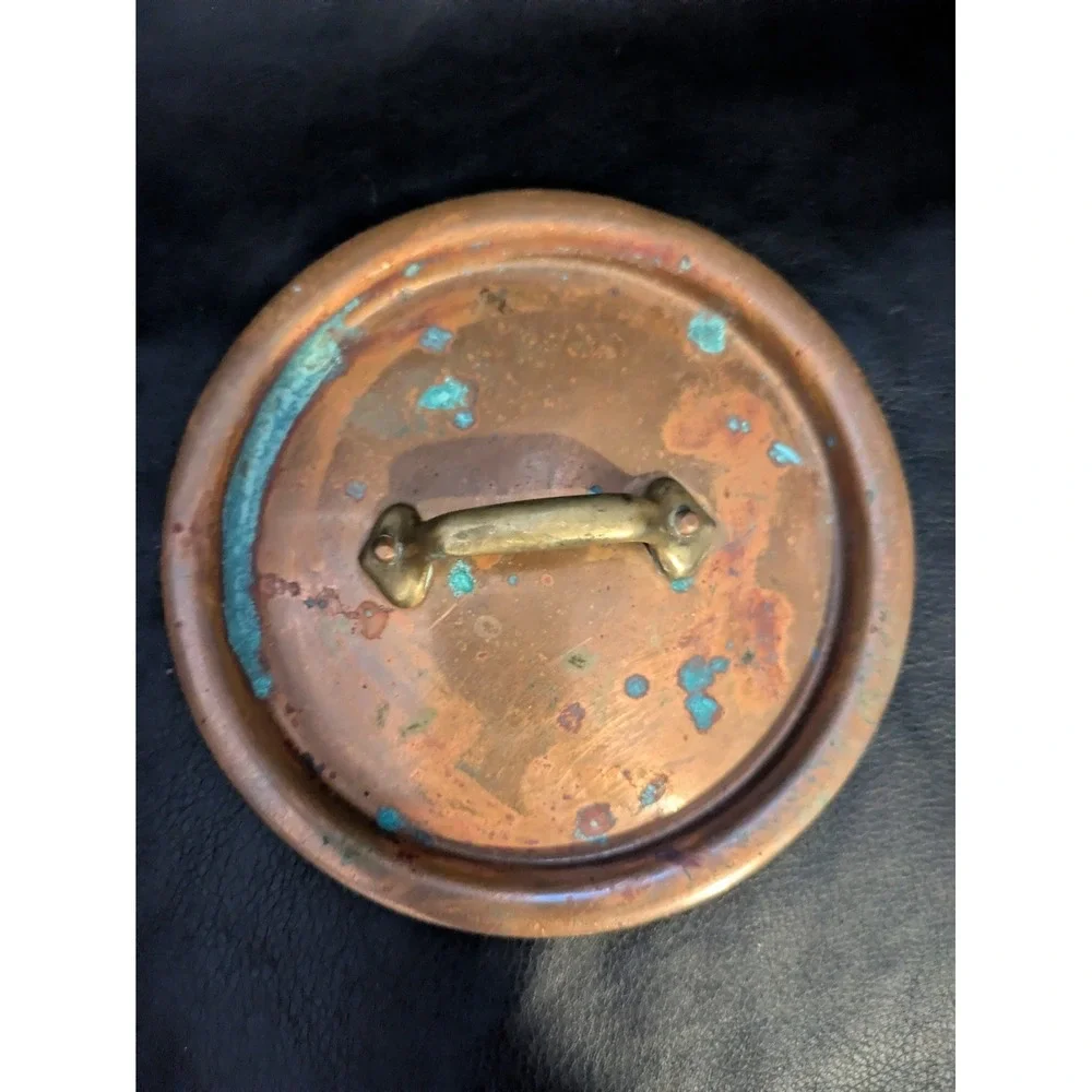 Antique Copper Tin Lined Sauce Pat Pot Lid Riveted Handle 5 in Diameter